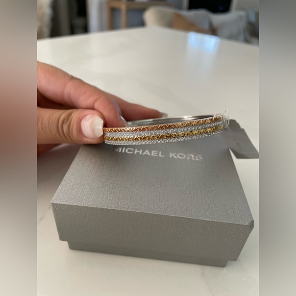 NWT | Michael Kors | Precious Metal-Plated Sterling Silver Pavé Logo Bangle - Picture 6 of 9